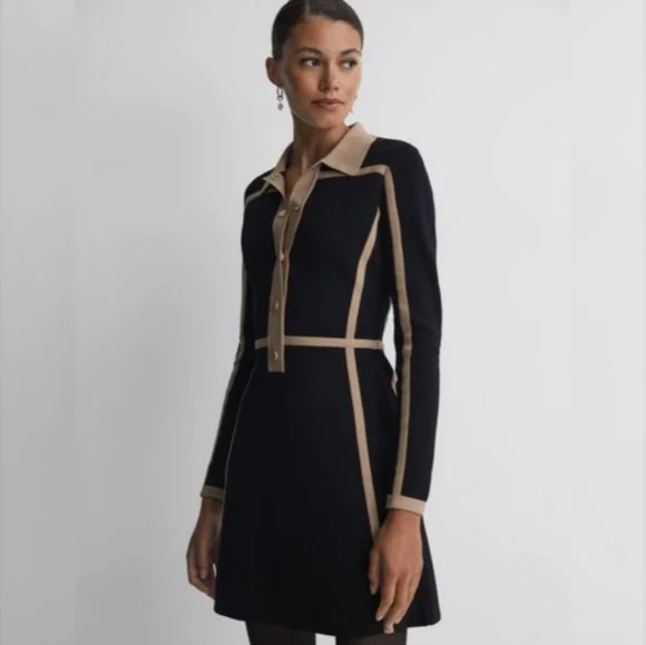 Reiss Nikki Contrast Trim Long-Sleeved Mini Dress - Black and Camel - Small - Picture 2 of 6